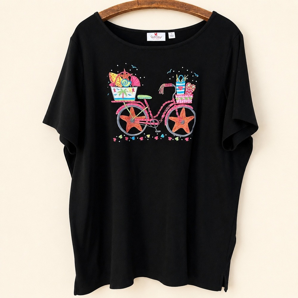 Quacker Factory Top Size 2X Embroidered Beaded Summer Bike Novelty Whimsical